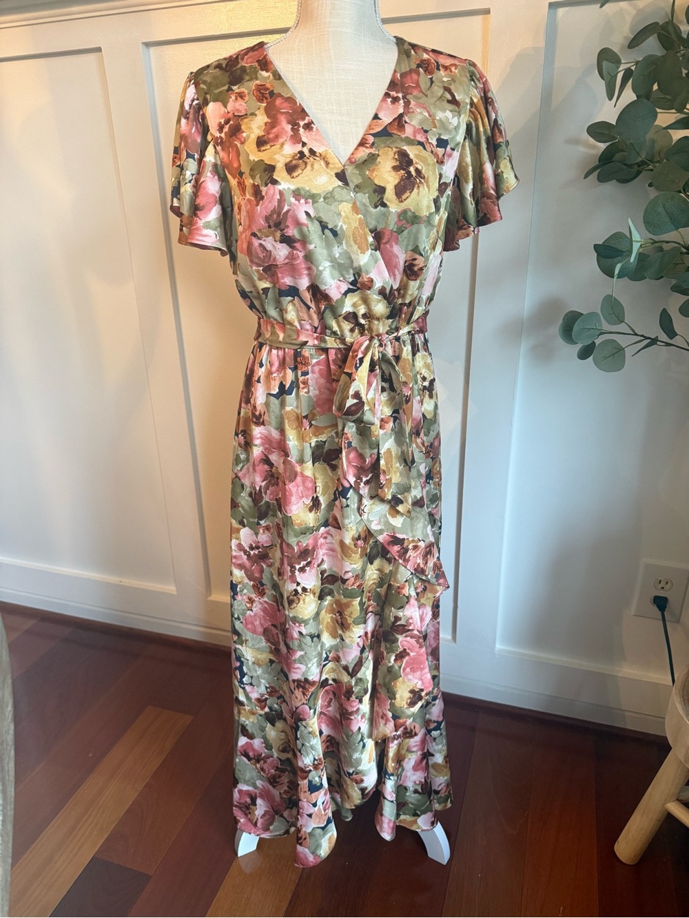 Nicole Miller Floral Wrap Maxi Dress in Pink & Olive with Tie Waist Size Small